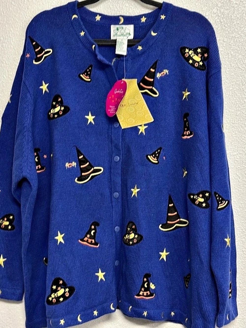 VTG New Quacker Factory Halloween Witch Hat Cardigan Sweater Blue Size 3X